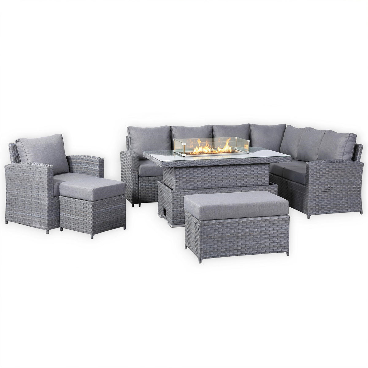 Isobella 10 seater Elite Right Hand Corner Sofa Set with Fire Pit Rising Table and Arm Chair in Grey Rattan