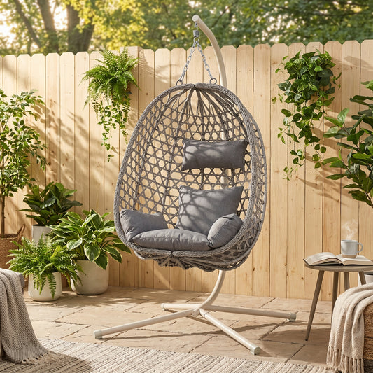Club Rattan Nest Hanging Egg Swing Chair with Stand, Thick Showerproof Cushions, for Living Room,Balcony or Outdoor, Grey Weave & Beige Stand