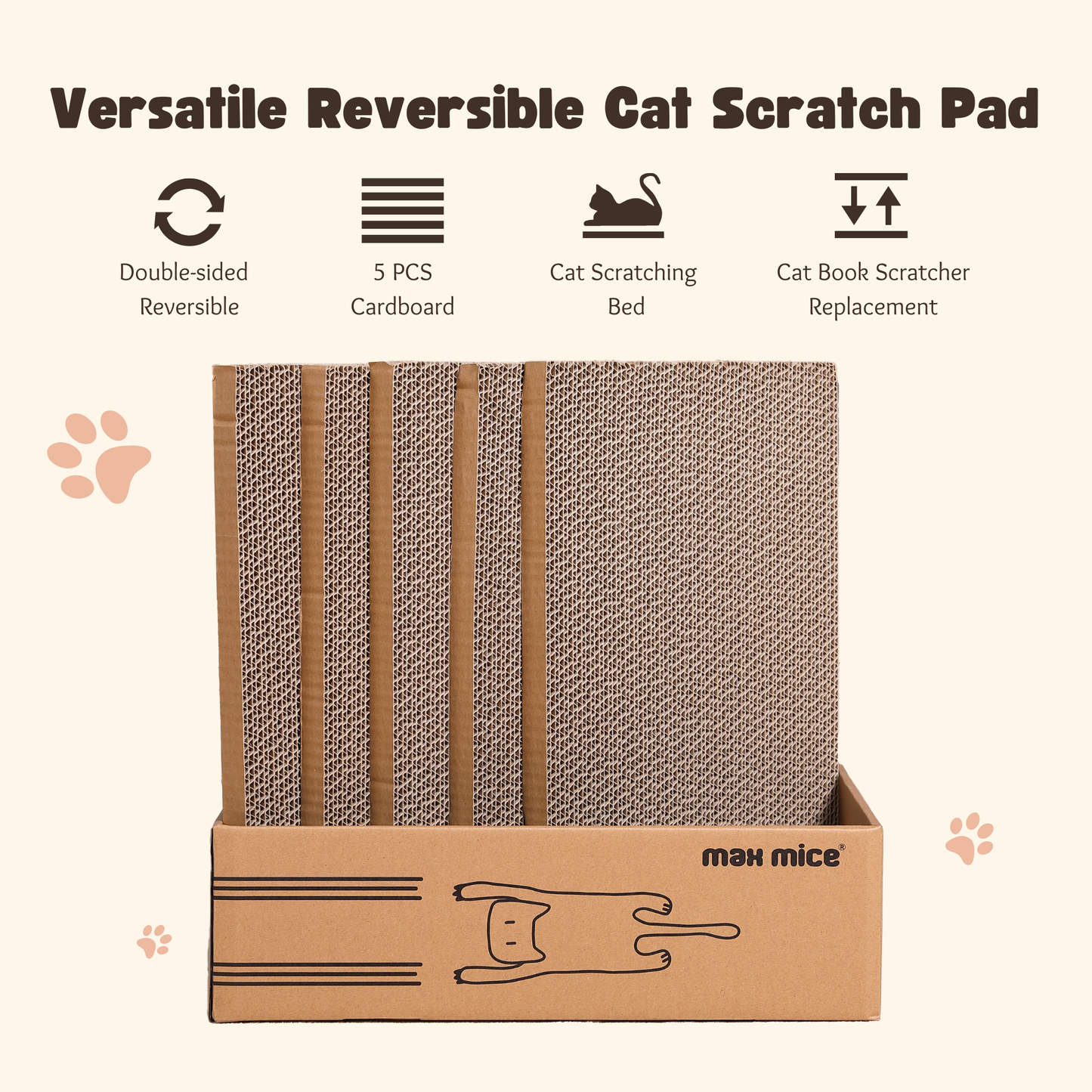 Max Mice Cat Scratching Board with Box, 5 Layers Design Cat Scratching Pad, Reversible Cat Scratcher Cardboard Lounge Bed, Corrugated Cardboard Cat Scratcher for Indoor Kitty