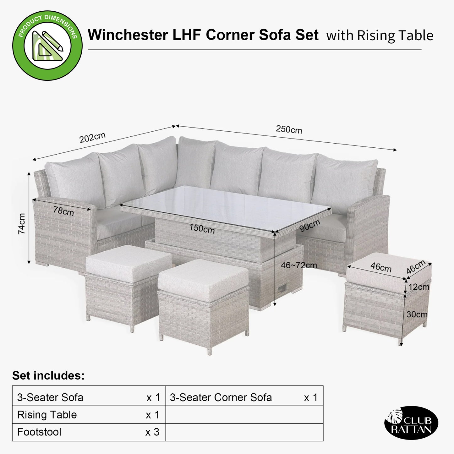 Winchester Range High Back Left Hand Corner Sofa Set with Rising Table in Grey (#3002)