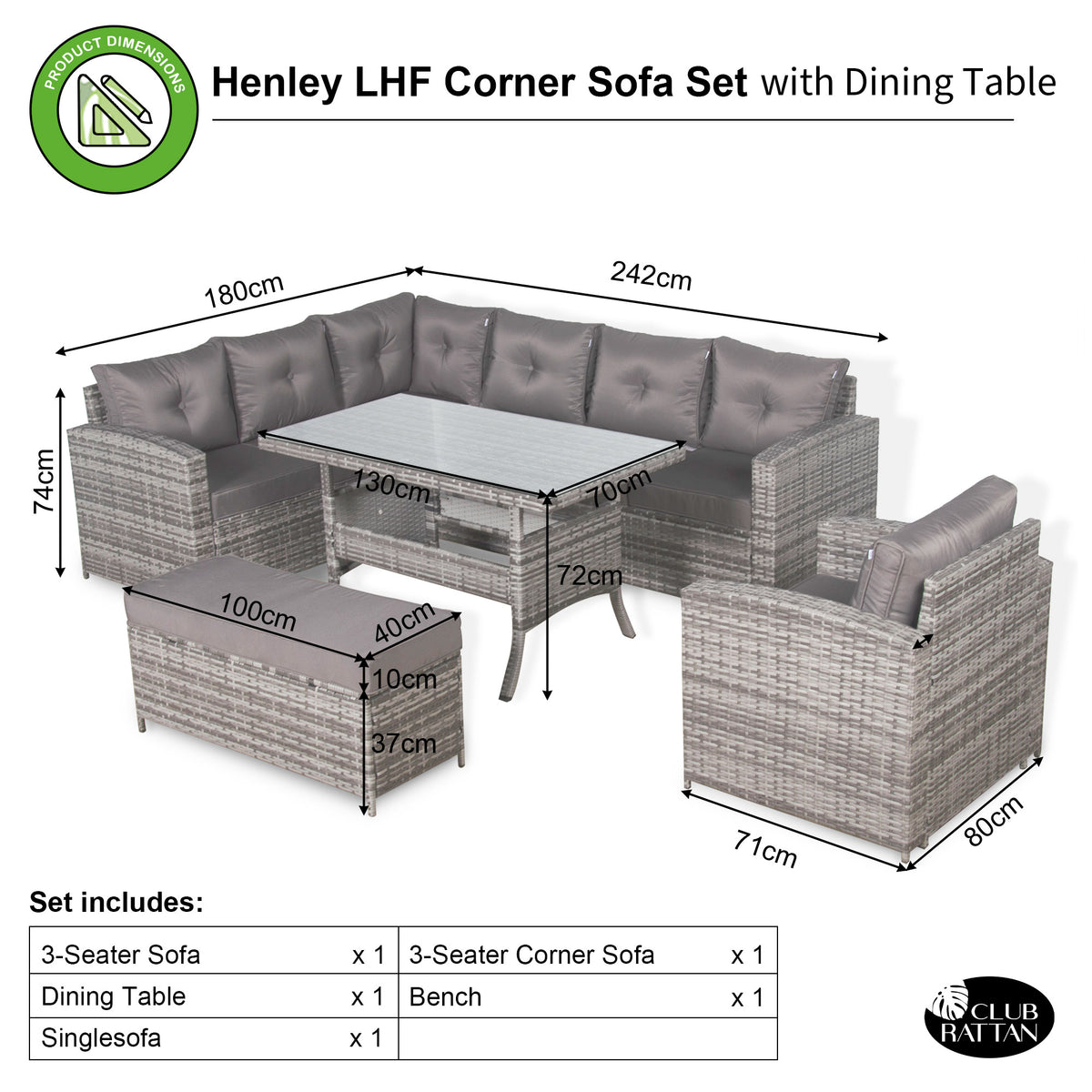 Henley Range Elite Lhf Corner Sofa Set with Dining Table and Arm Chair in Grey Rattan