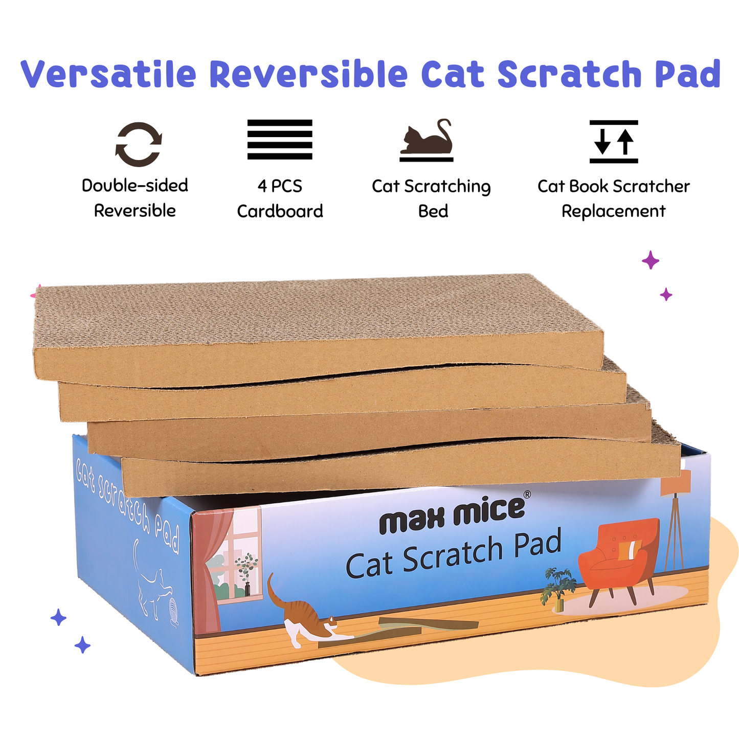 Max Mice Cat Scratching Board with Box, 4 Layers Design Cat Scratching Pad, Reversible Cat Scratcher Cardboard Lounge Bed, Corrugated Cardboard Cat Scratcher for Indoor Kitty