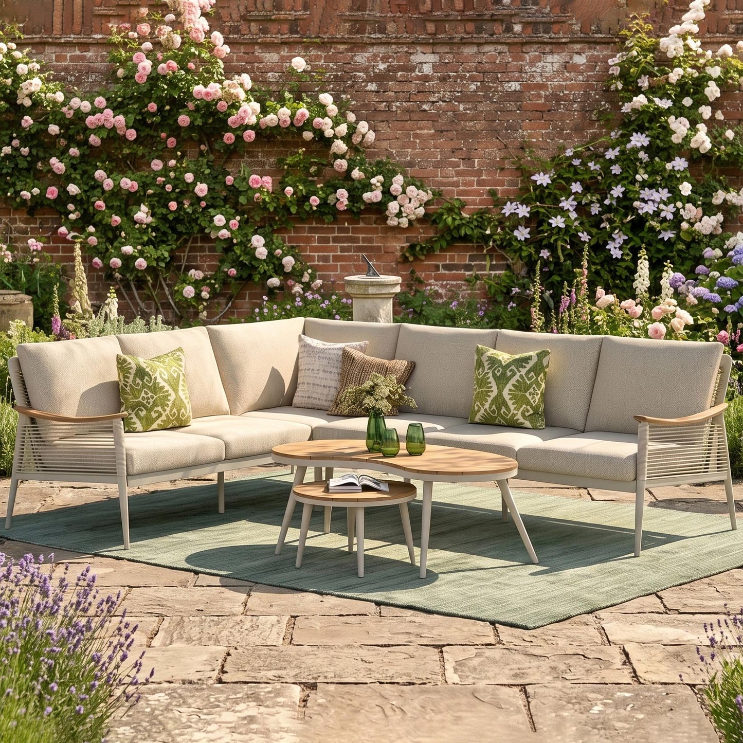 Berne Range Modular Corner Sofa Rope Set with 2 Coffee Tables with Teak Wood Top