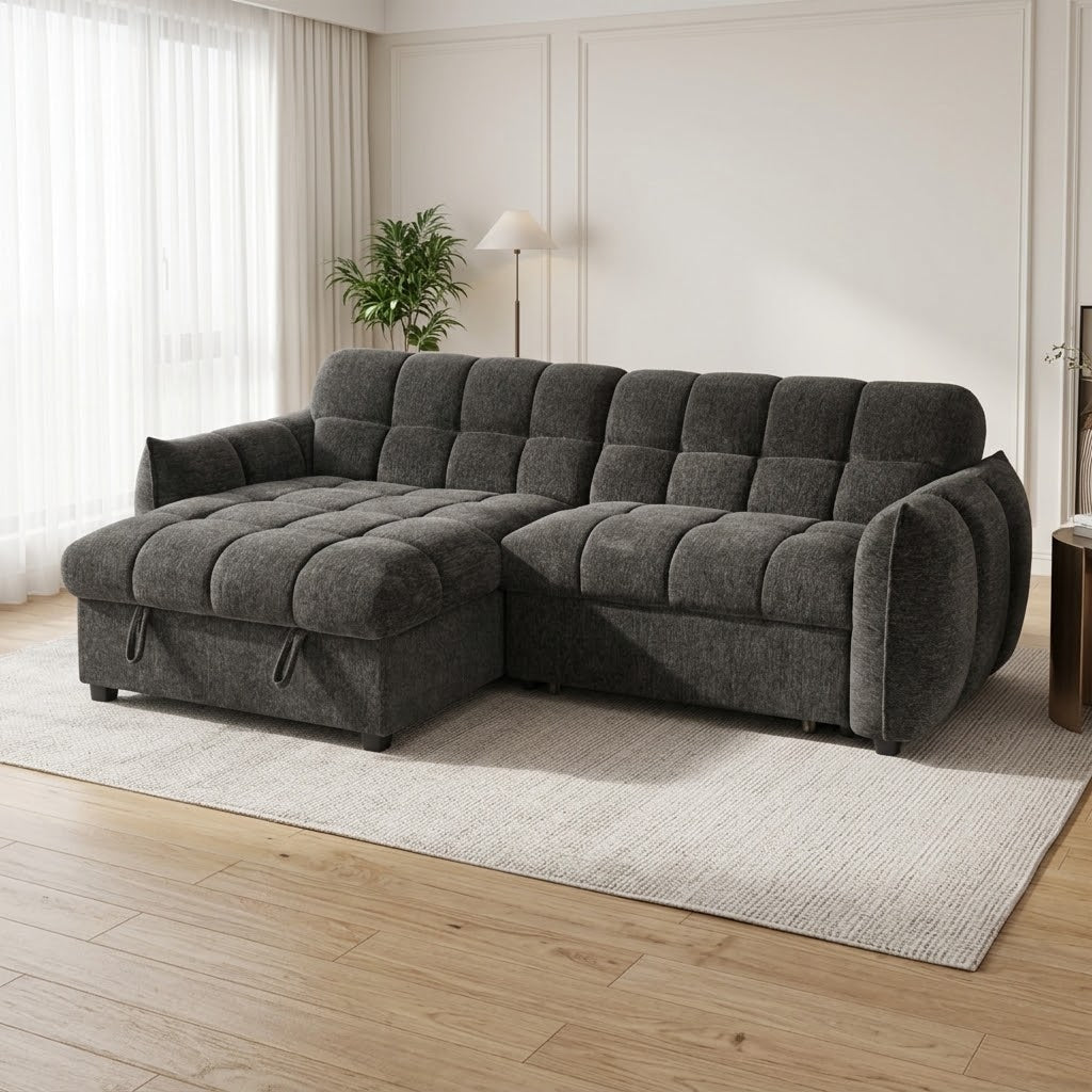 Marlow Grey Universal Corner Sofa Bed – Quilted Design with Chaise Storage
