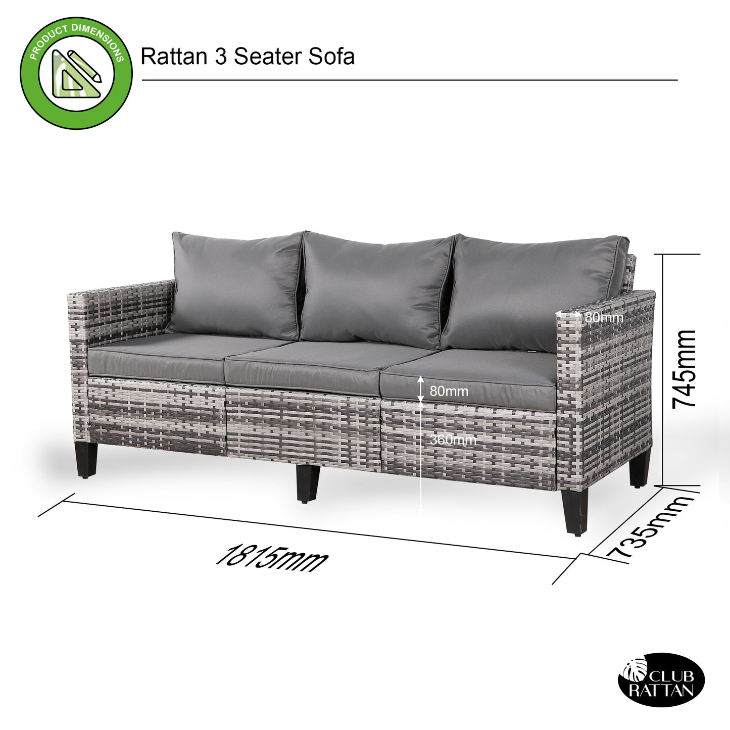Palma Range 3-Seater Sofa in Grey Rattan and Grey Cushions