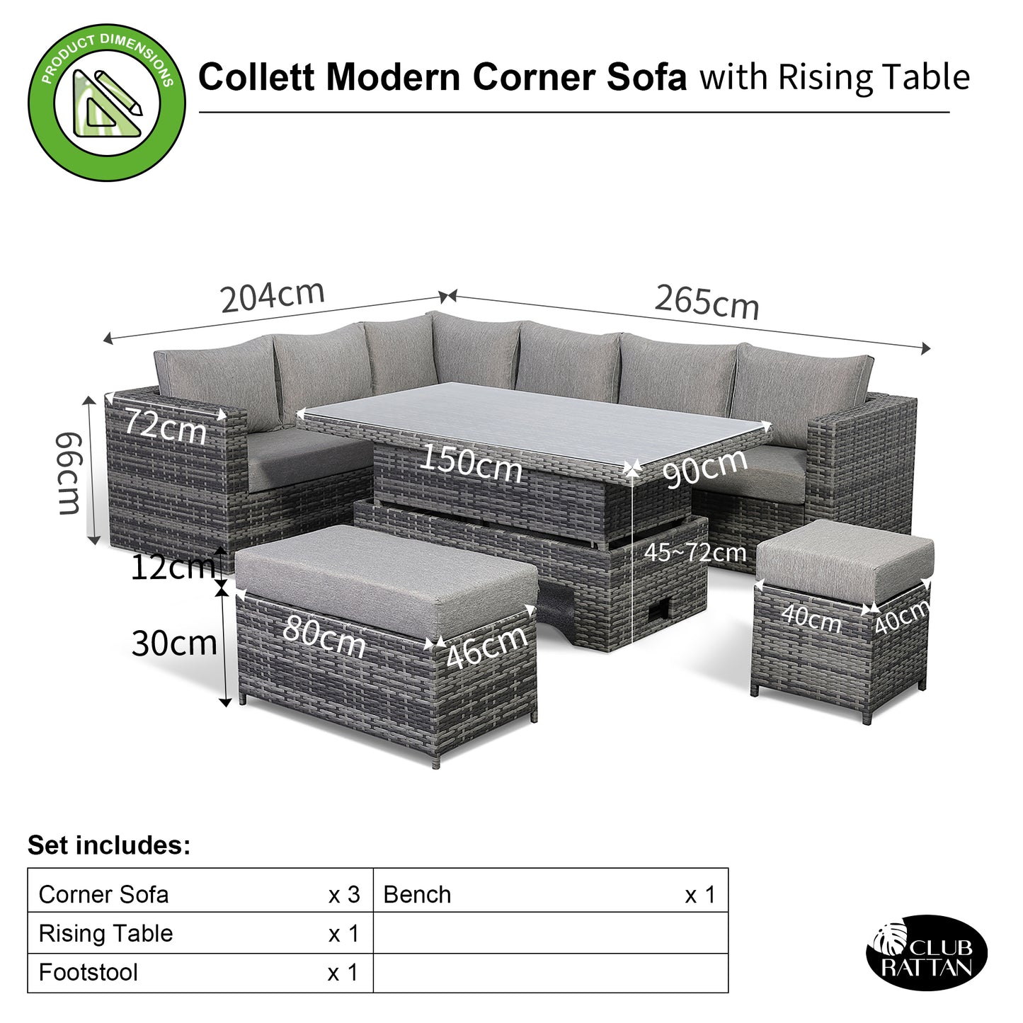 Due in 31/01/25 Colette Range Left Hand Corner Sofa with Rising Table in Medium Grey Weave #404R