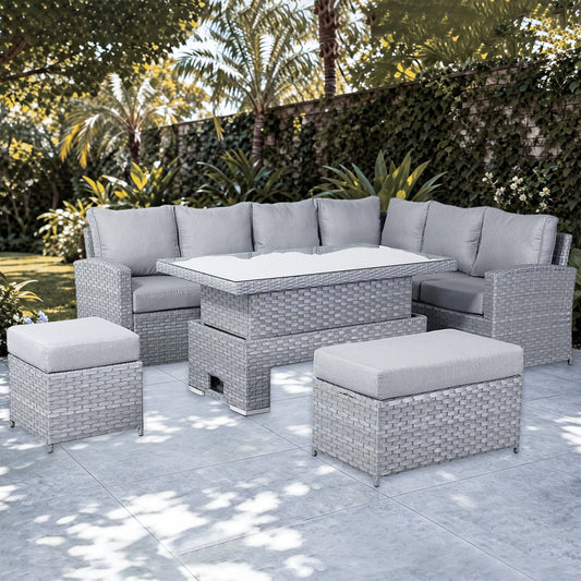 Isobella High Back Range Right Hand Corner Sofa Set with Rising Table in Preminum Grey Rattan