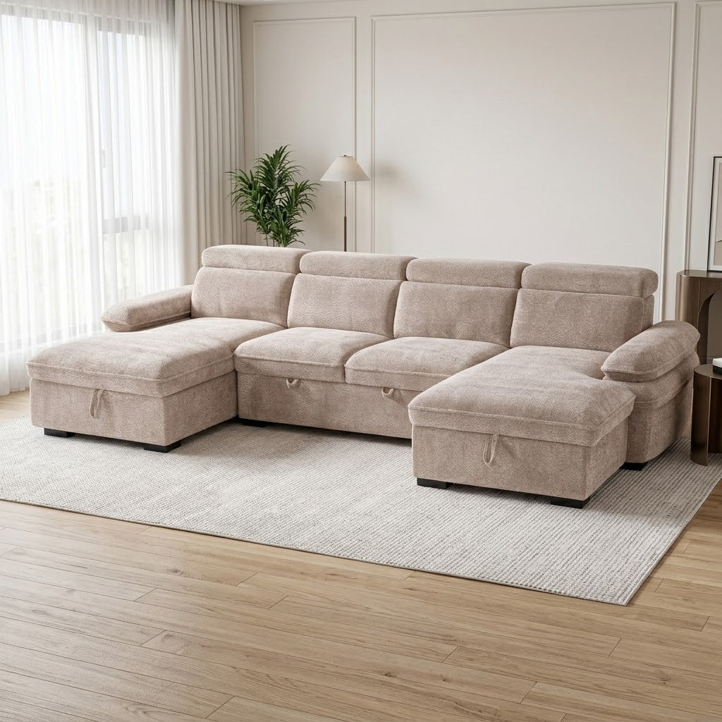 Anchor Beige U-Shape Corner Sofa Bed – 5 Seater with Storage, Adjustable Arms & Headrests