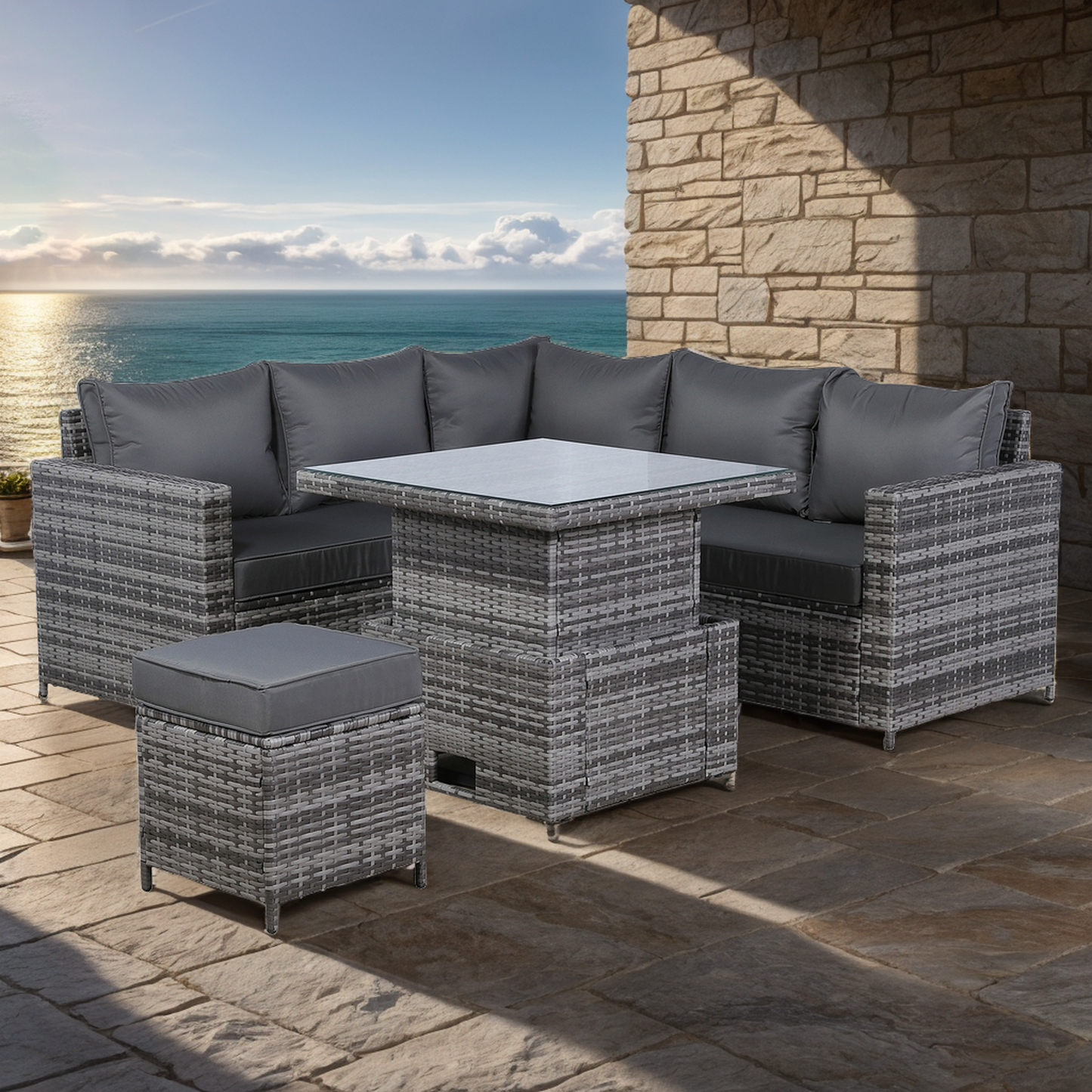 Due in 25/02/25   Henley Range High Back Compact Square Corner Sofa Set in Grey Weave with Rising Table