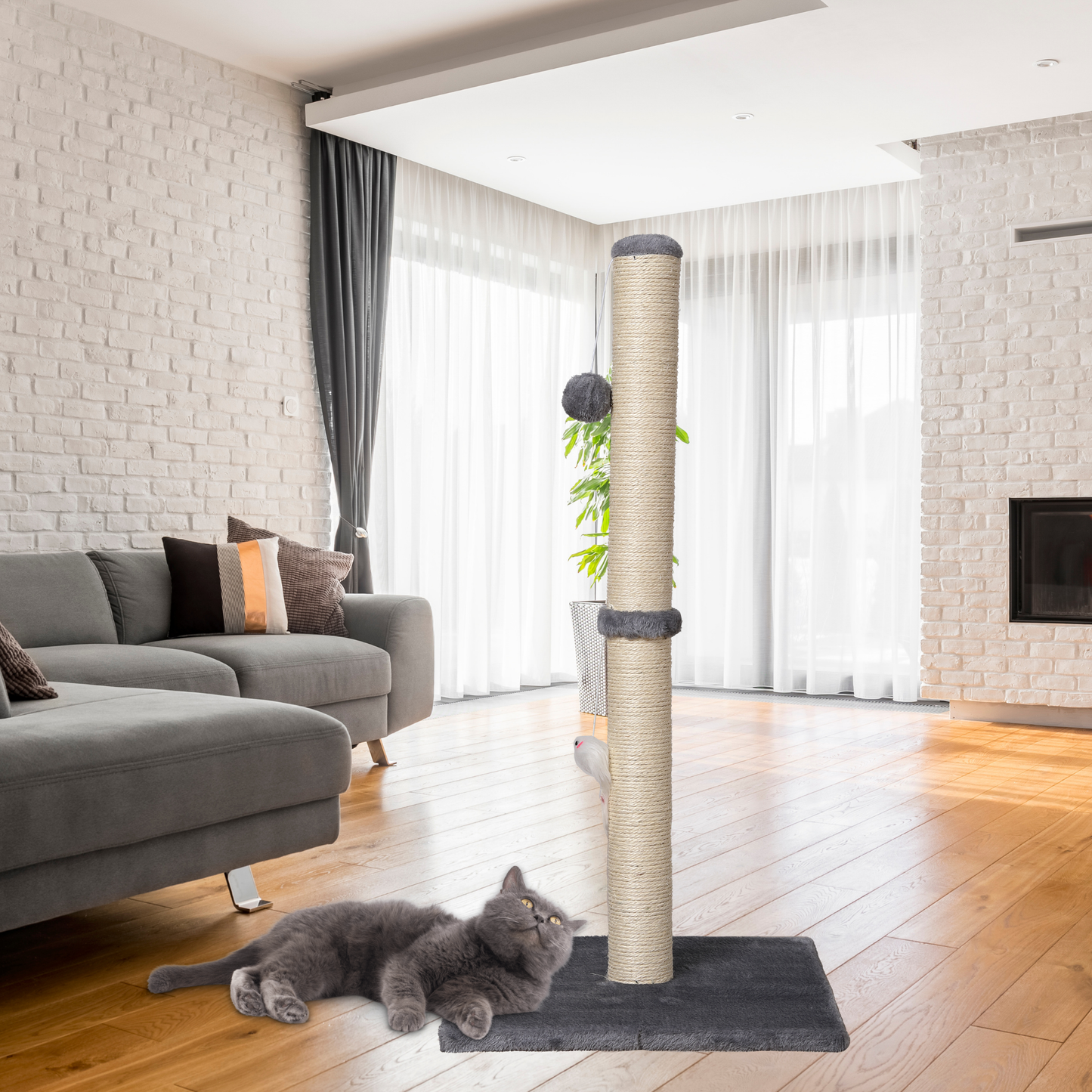 Due in 29/04/25 Max Mice Cat Scratching Post – Tall Sisal Scratch Tower with Hanging Ball & Mouse, Sturdy Base for Kittens & Adult Cats (Grey)