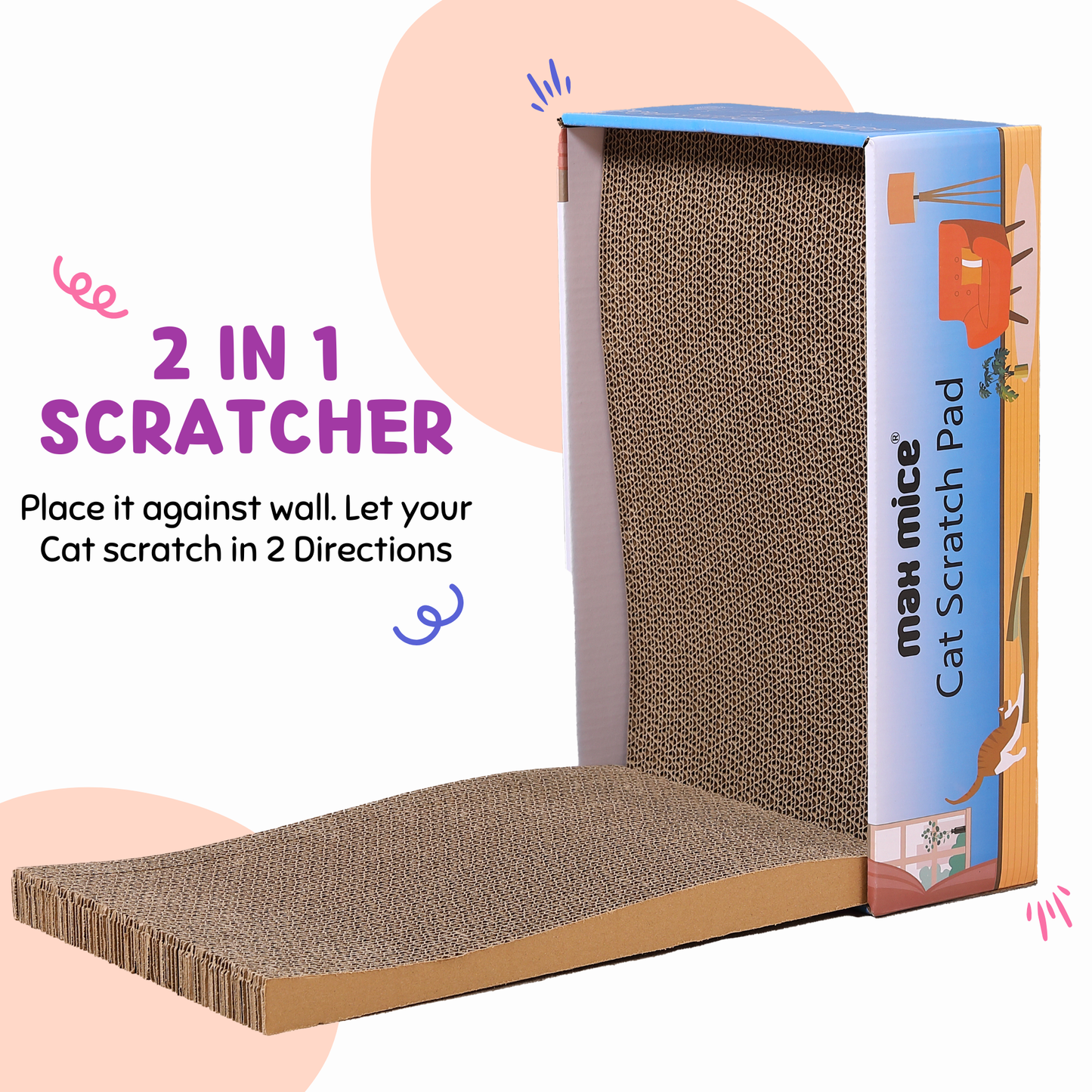 Max Mice Cat Scratching Board with Box, 4 Layers Design Cat Scratching Pad, Reversible Cat Scratcher Cardboard Lounge Bed, Corrugated Cardboard Cat Scratcher for Indoor Kitty