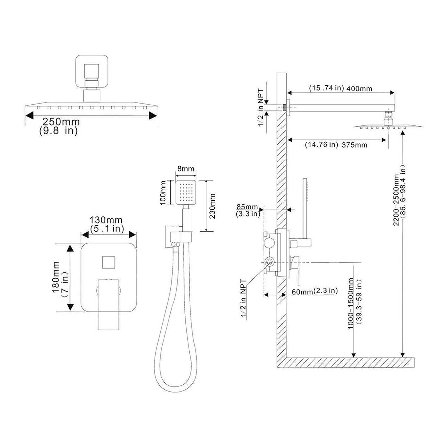 Concealed Gun Grey Shower Valve, Fixed Shower Head & Handset