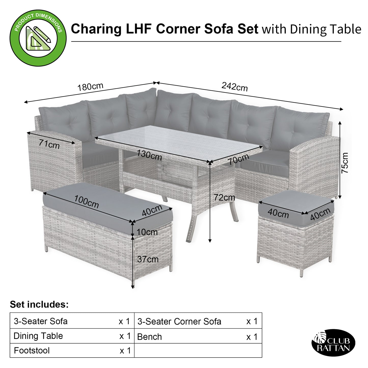 Charing Left Hand Corner Sofa Set with Dining Table in Beige Grey Rattan (M1)