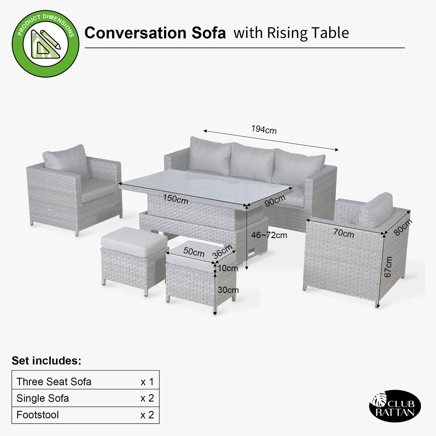 Isobella Range Large Sofa Set with Rising Table in Slate Grey Weave