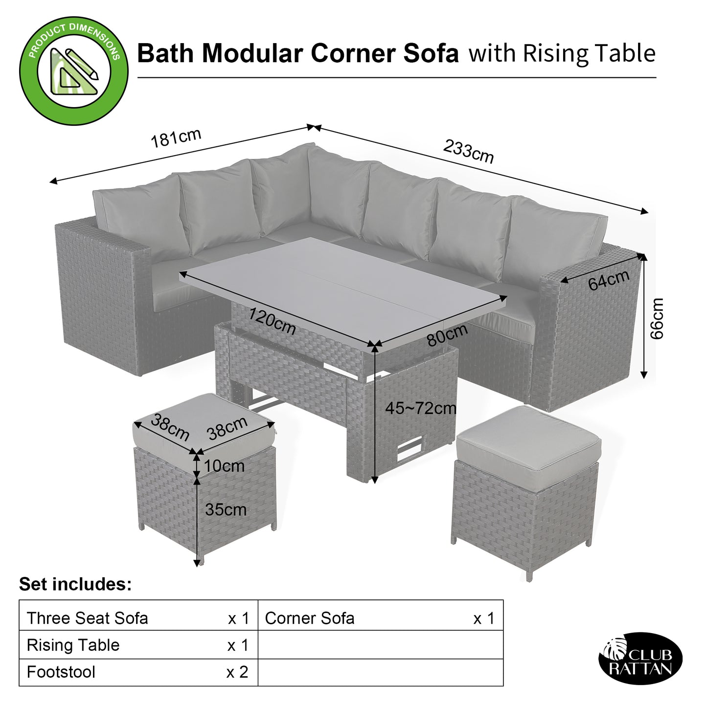 Isobella Range Large Sofa Set with Rising Table in Slate Grey Weave