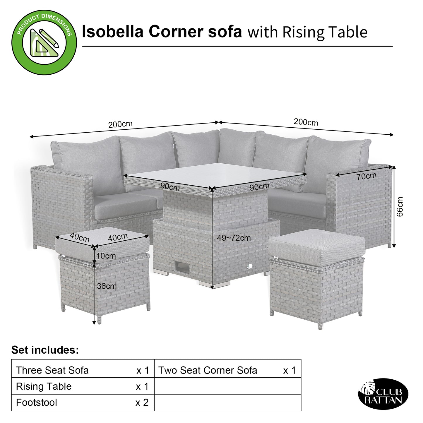 Isobella Range Square Corner Set with Rising Table in Slate Grey Weave