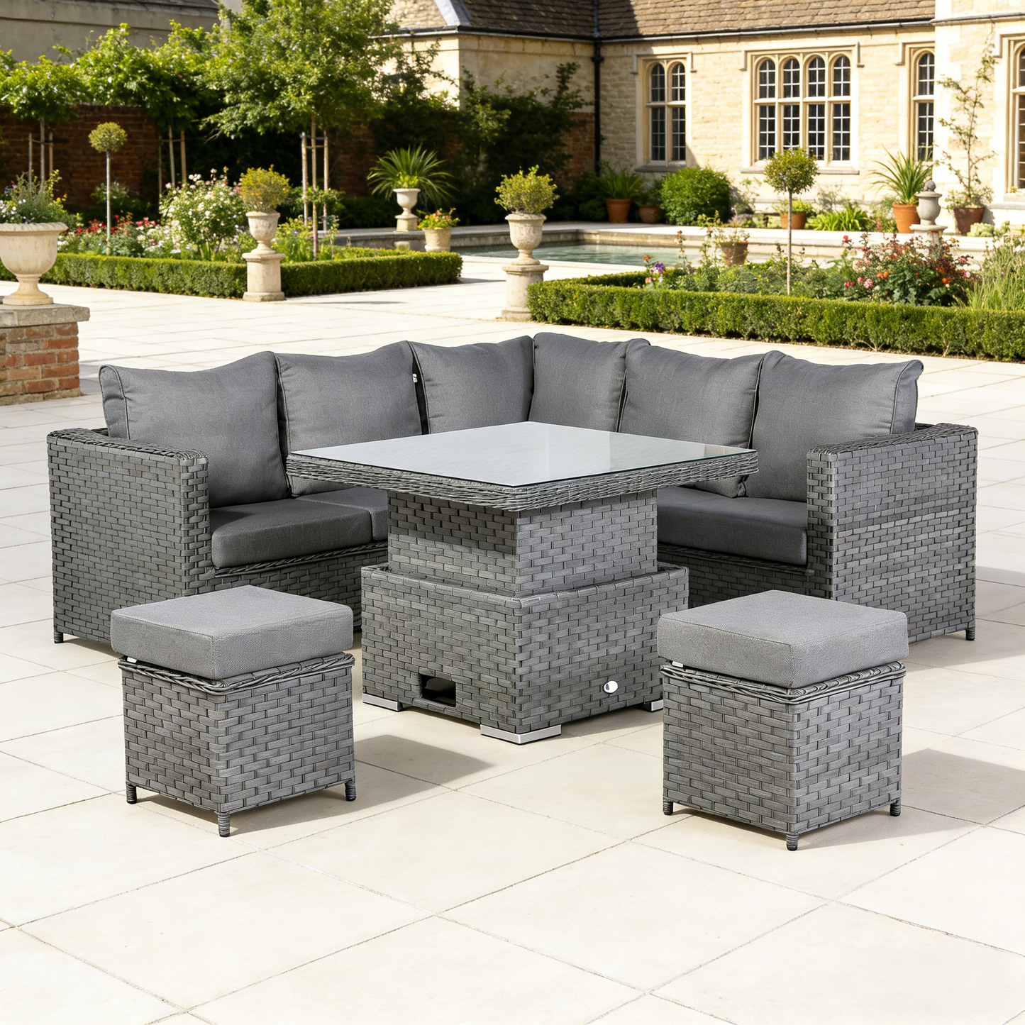 Isobella Range Square Corner Set with Rising Table in Slate Grey Weave