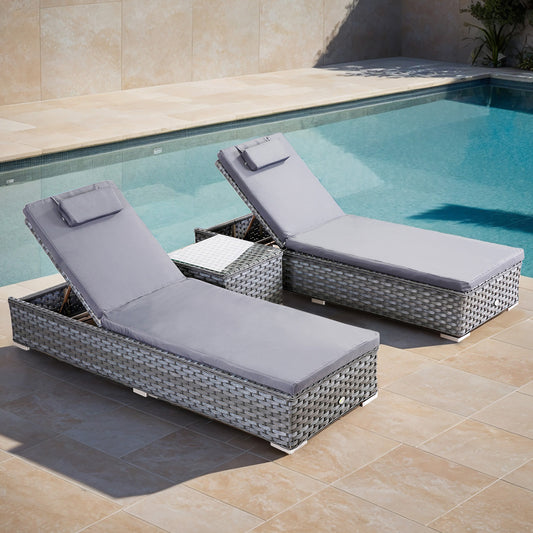 Isobella Range Sun Loungers with Side Table in Wide Grey Rattan (CS06)