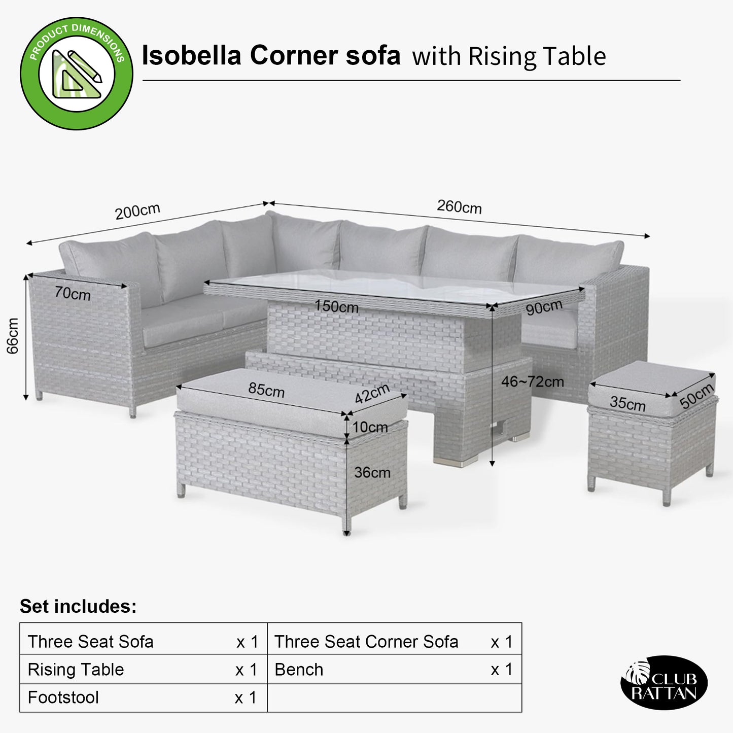 Isobella Range LHF Corner with Rising Table in Slate Grey Weave and Grey Cushions