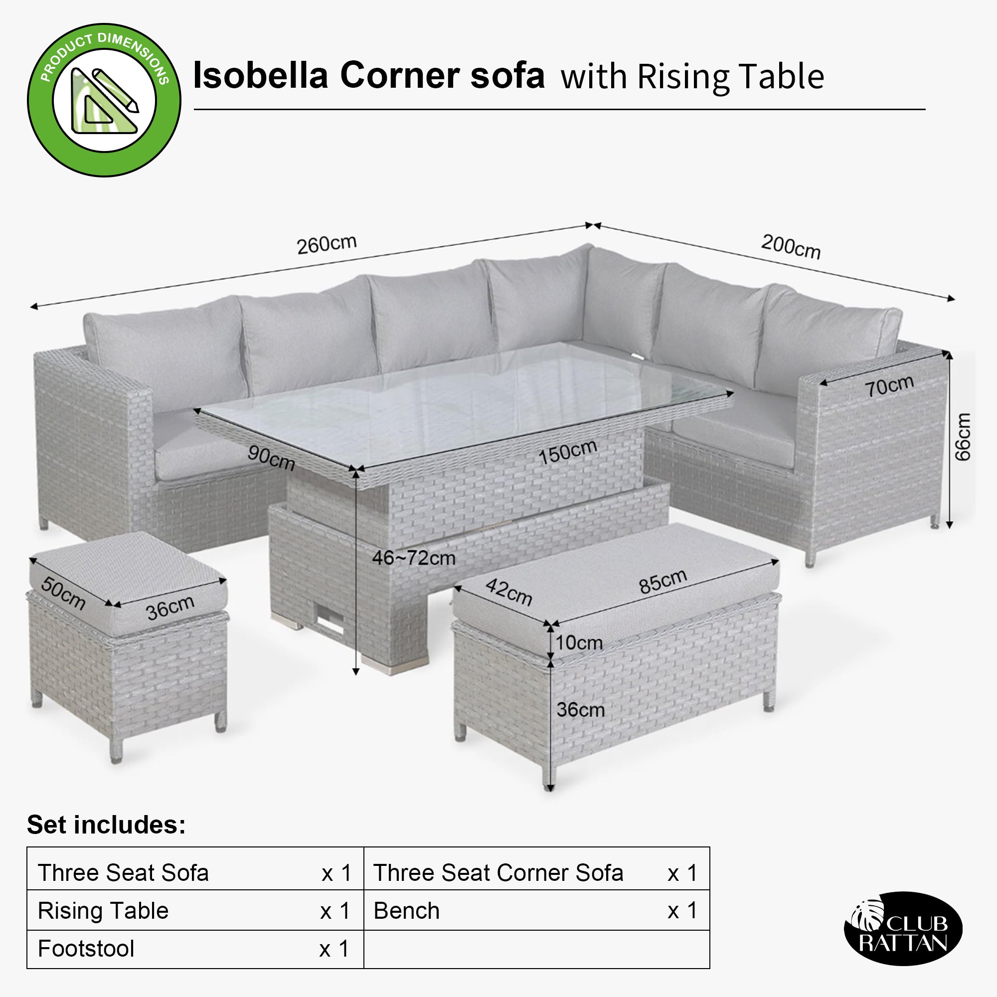 Isobella Range Right Hand Corner Sofa Set with Rising Table– Club