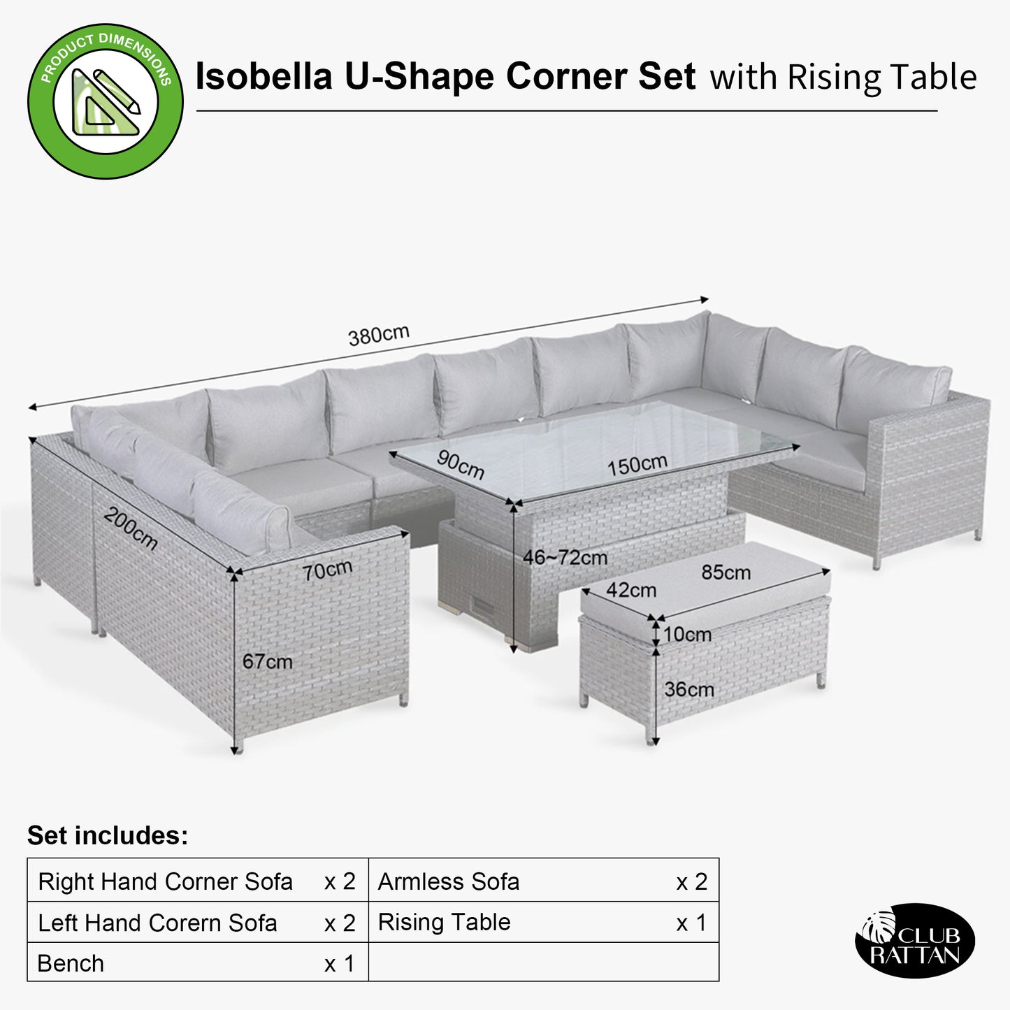 Isobella Range Large Modular U-Shape Corner Set with Rising Table in Slate Grey Weave (CS16)