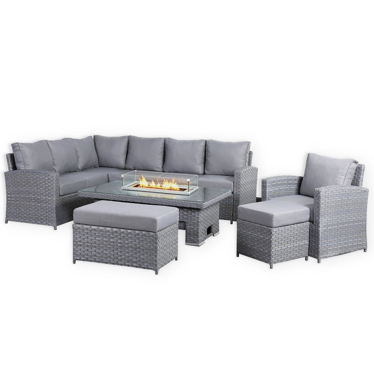 Isobella 10 Seater Elite Left Hand Corner Sofa Set with Fire Pit Rising Table and Arm Chair in Grey Rattan