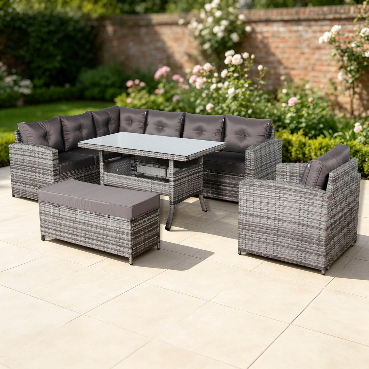Henley Range Elite Lhf Corner Sofa Set with Dining Table and Arm Chair in Grey Rattan