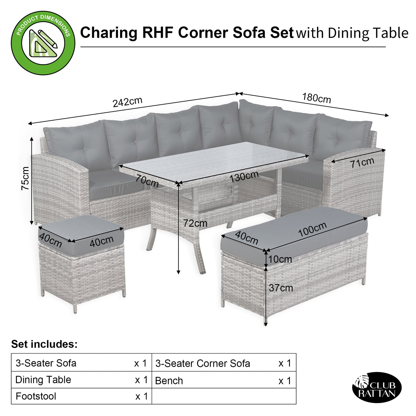 Charing Right Hand Corner Sofa Set with Dining Table in Beige Grey Rattan (M2)