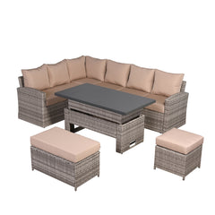 Ashley Range Left Hand Corner Sofa Set with Rising Table in Light Grey Rattan