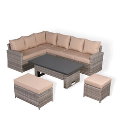 Ashley Range Left Hand Corner Sofa Set with Rising Table in Light Grey Rattan