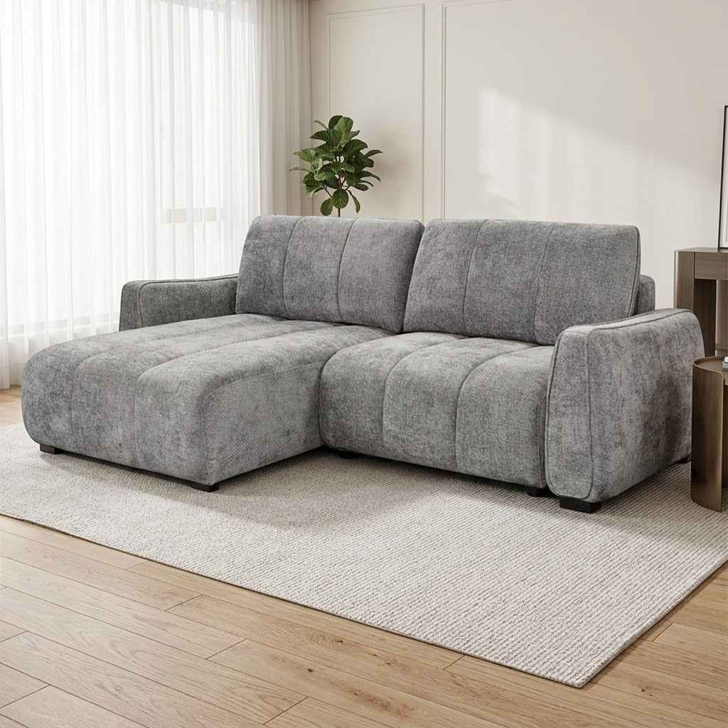 Ridge Grey Universal Corner Sofa Bed – Channel Tufted with Pullout Bed & Hidden Storage