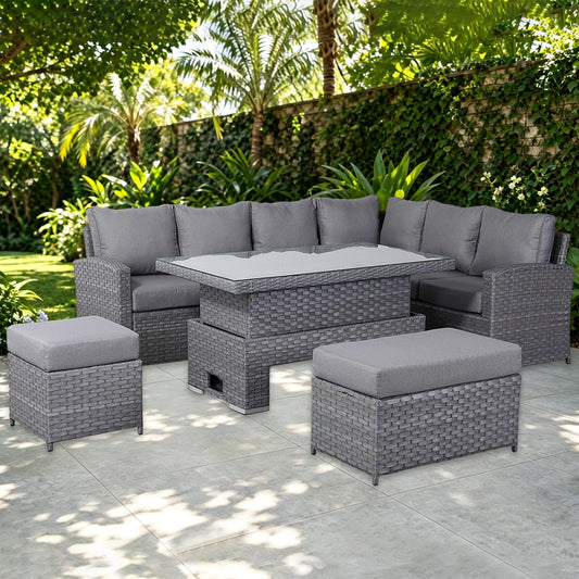 Isobella High Back Range Right Hand Corner Sofa Set with Rising Table in Preminum Grey Rattan