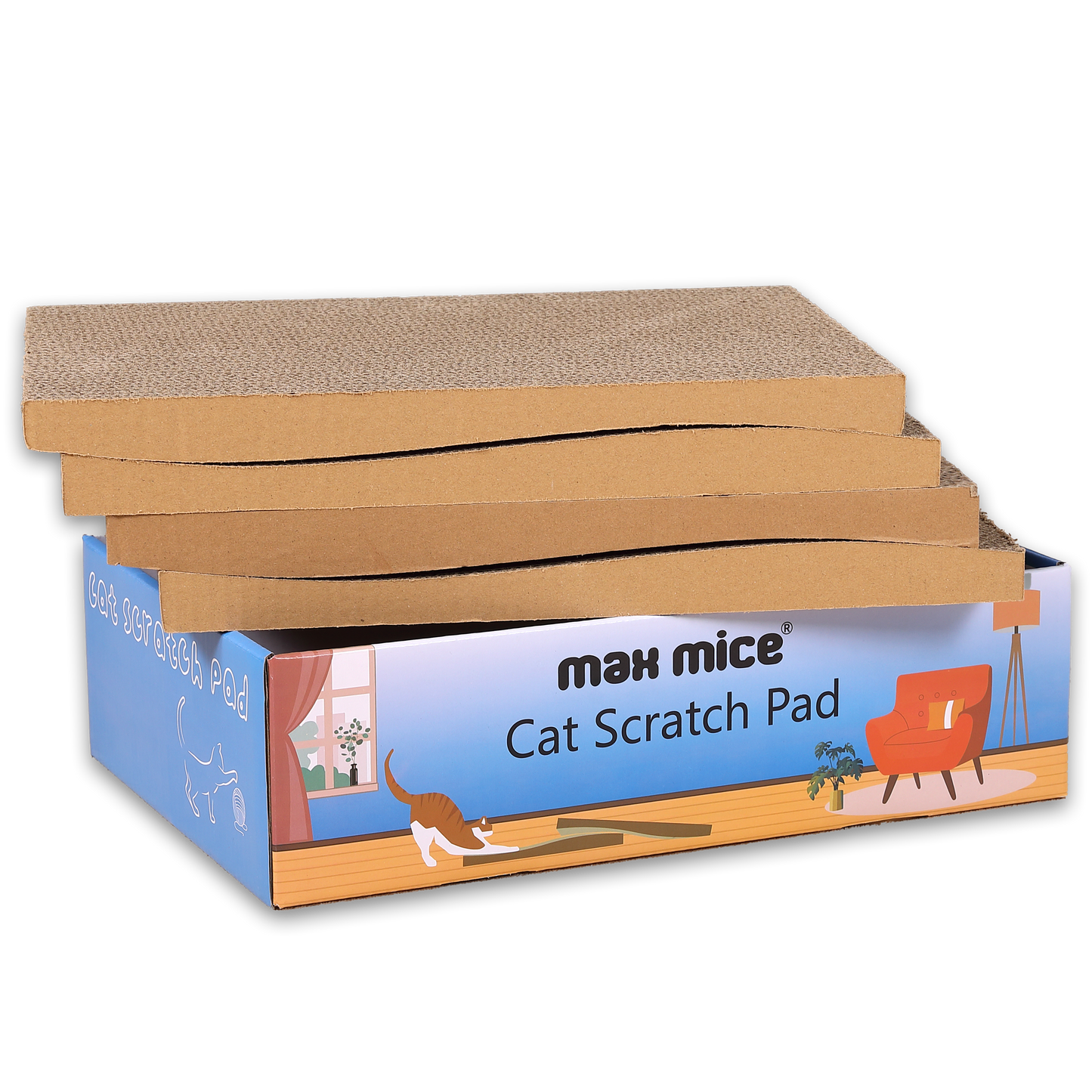 Max Mice Cat Scratching Board with Box, 4 Layers Design Cat Scratching Pad, Reversible Cat Scratcher Cardboard Lounge Bed, Corrugated Cardboard Cat Scratcher for Indoor Kitty