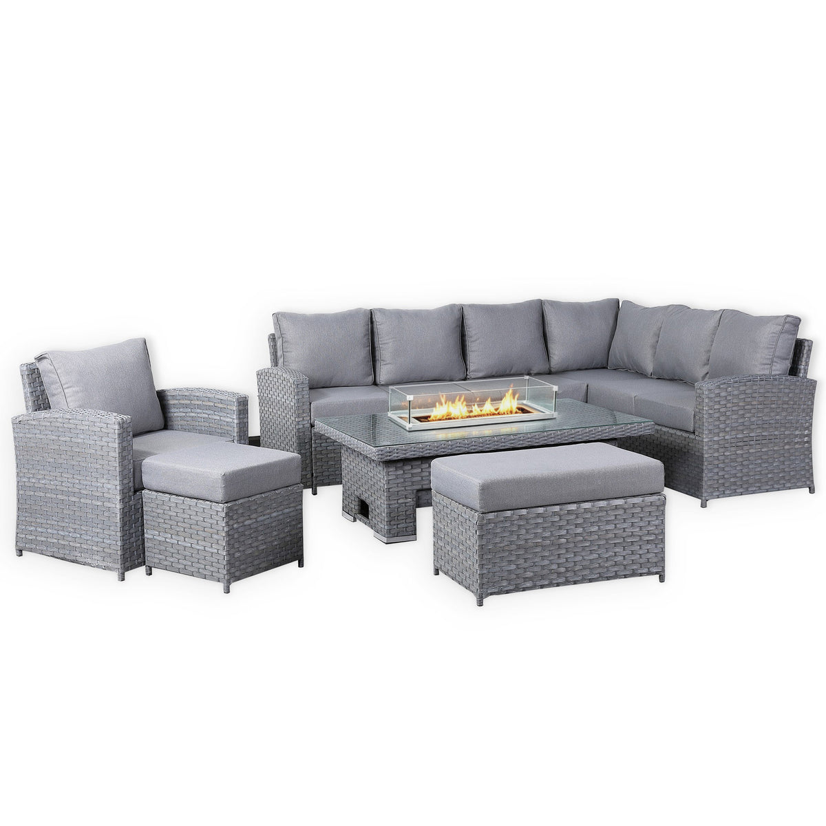 Isobella 10 seater Elite Right Hand Corner Sofa Set with Fire Pit Rising Table and Arm Chair in Grey Rattan