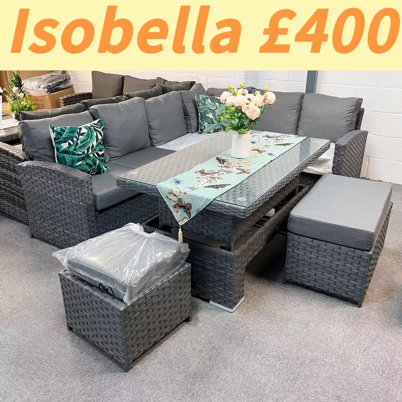 Clearance in shop, sale as shown--Isobella High Back Range Right Hand Corner Sofa Set with Rising Table in Preminum Grey Rattan (Copy)