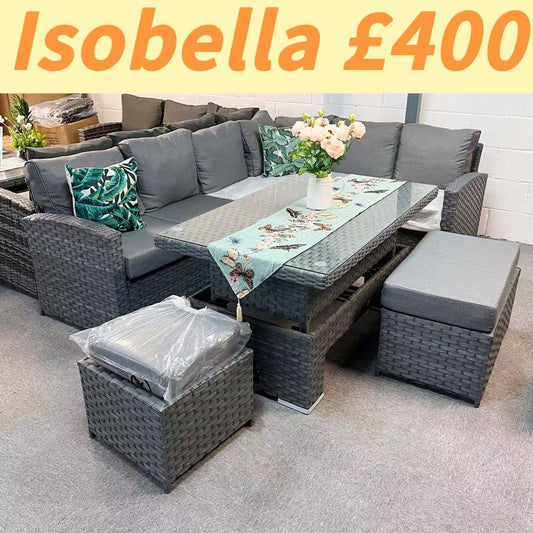 Clearance in shop, sale as shown--Isobella High Back Range Right Hand Corner Sofa Set with Rising Table in Preminum Grey Rattan (Copy)