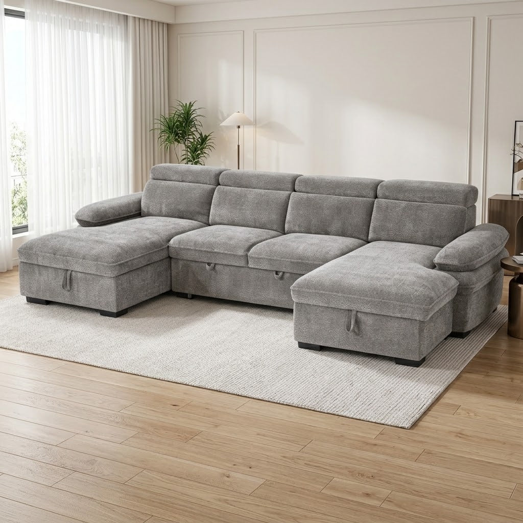 Anchor Grey U-Shape Corner Sofa Bed – 5 Seater with Storage, Adjustable Arms & Headrests
