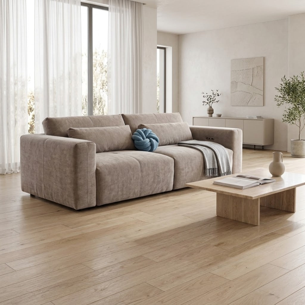 Aurora Beige Electric Sofa Bed – Powered Extending Seats with USB Charging & Lumbar Bolsters