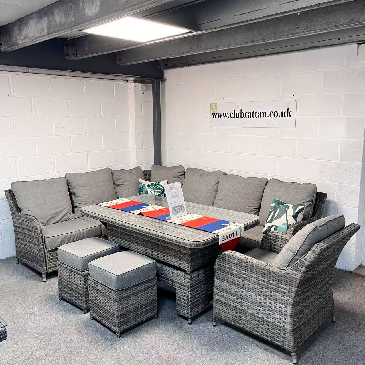 Clearance in shop, sale as shown--Sicily Range Aluminium Left Hand Corner Set with Rising Table and Arm Chair in Half Round Grey Weave