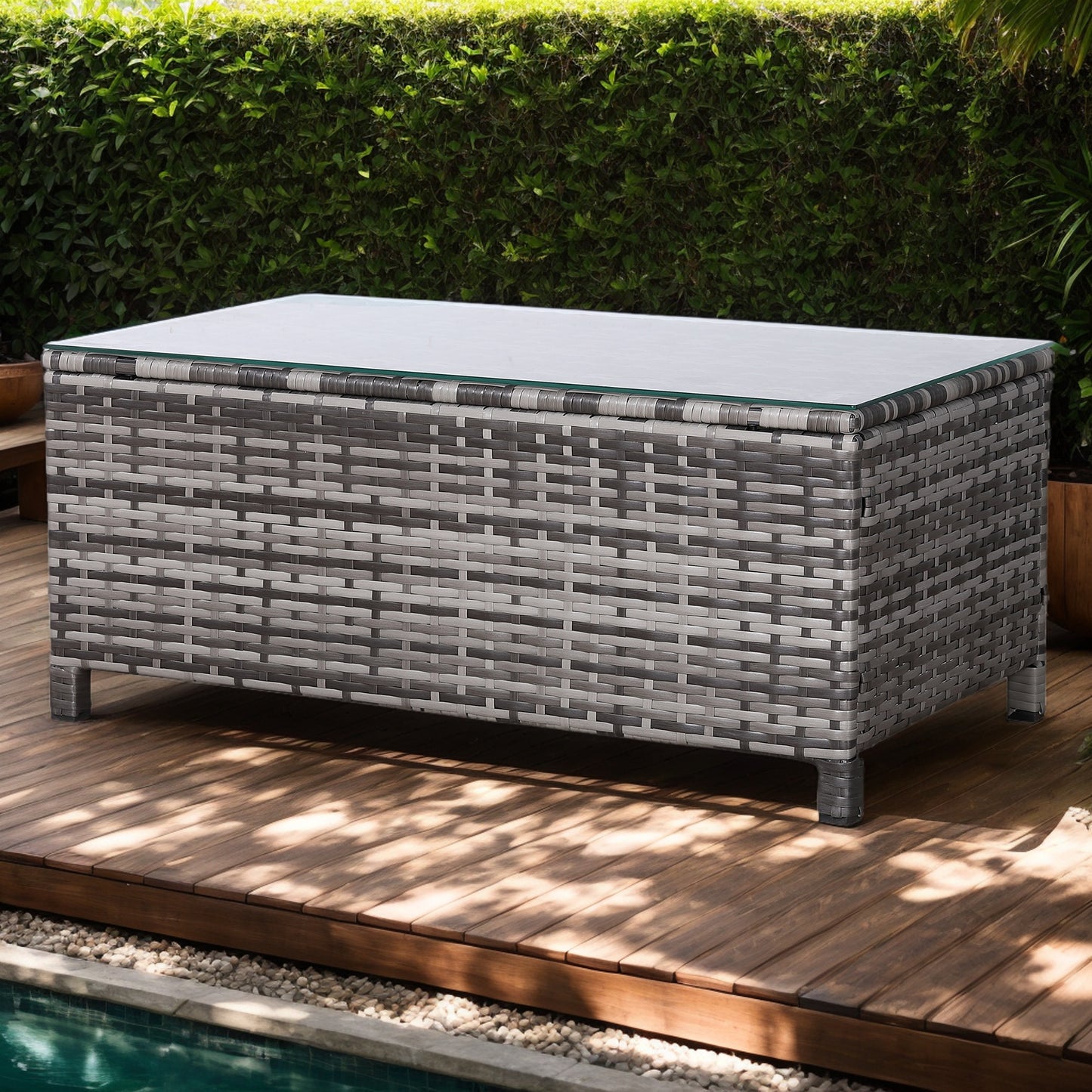 Modern Range Long Side Table in Grey Rattan Weave