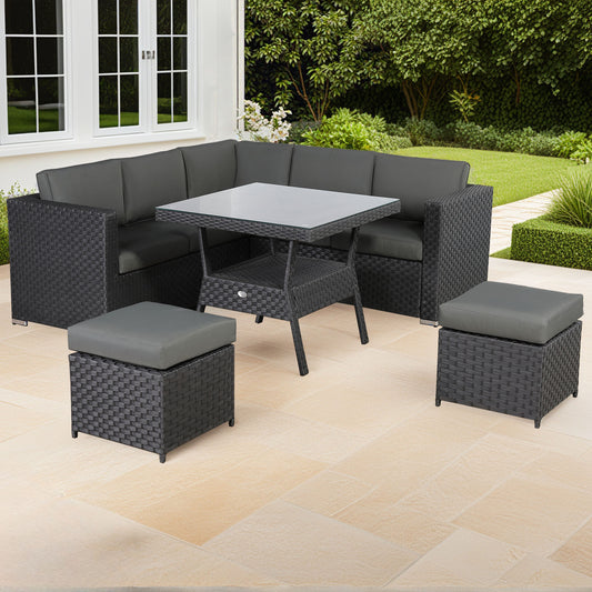 Bath Range Compact Corner Sofa with Dining Table in Black Rattan