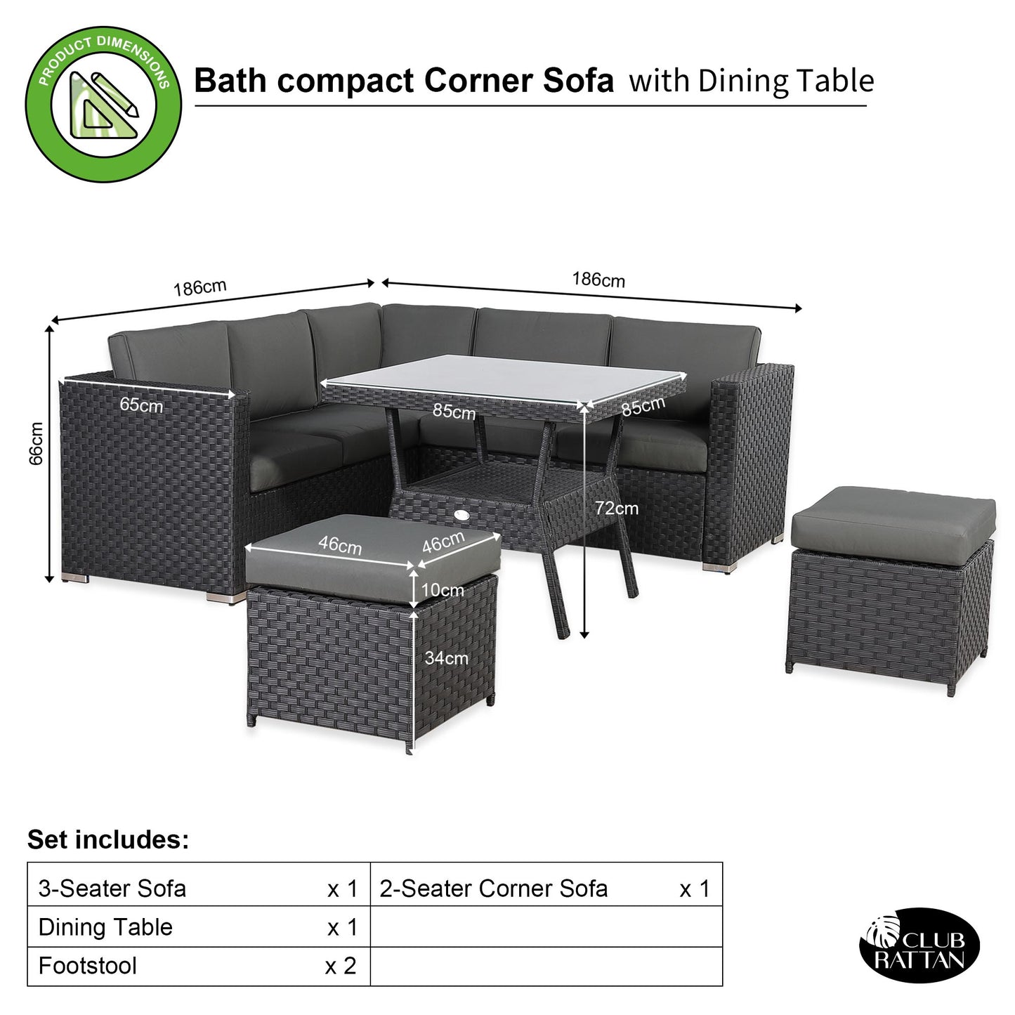 Bath Range Compact Corner Sofa with Dining Table in Black Rattan