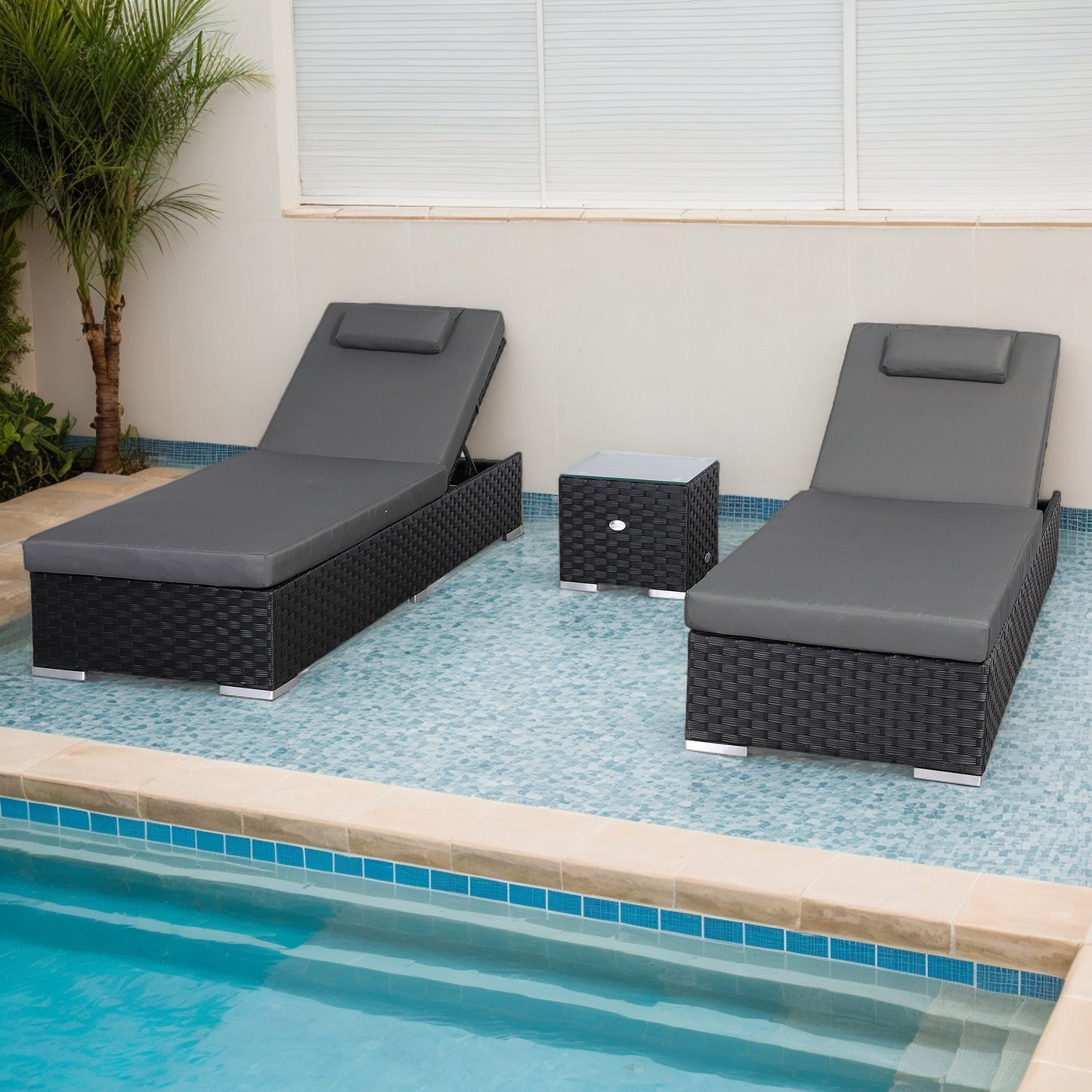 Due in 28/02/25 Bath Range Sun Loungers Set with Side Table in Black Rattan and Grey Cushions(#9016)