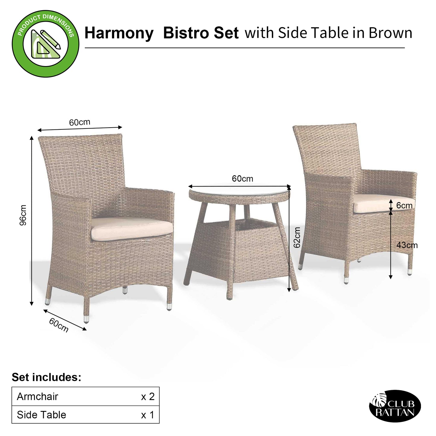 Venice Range Bistro Set in Brown Rattan with Beige Cushions