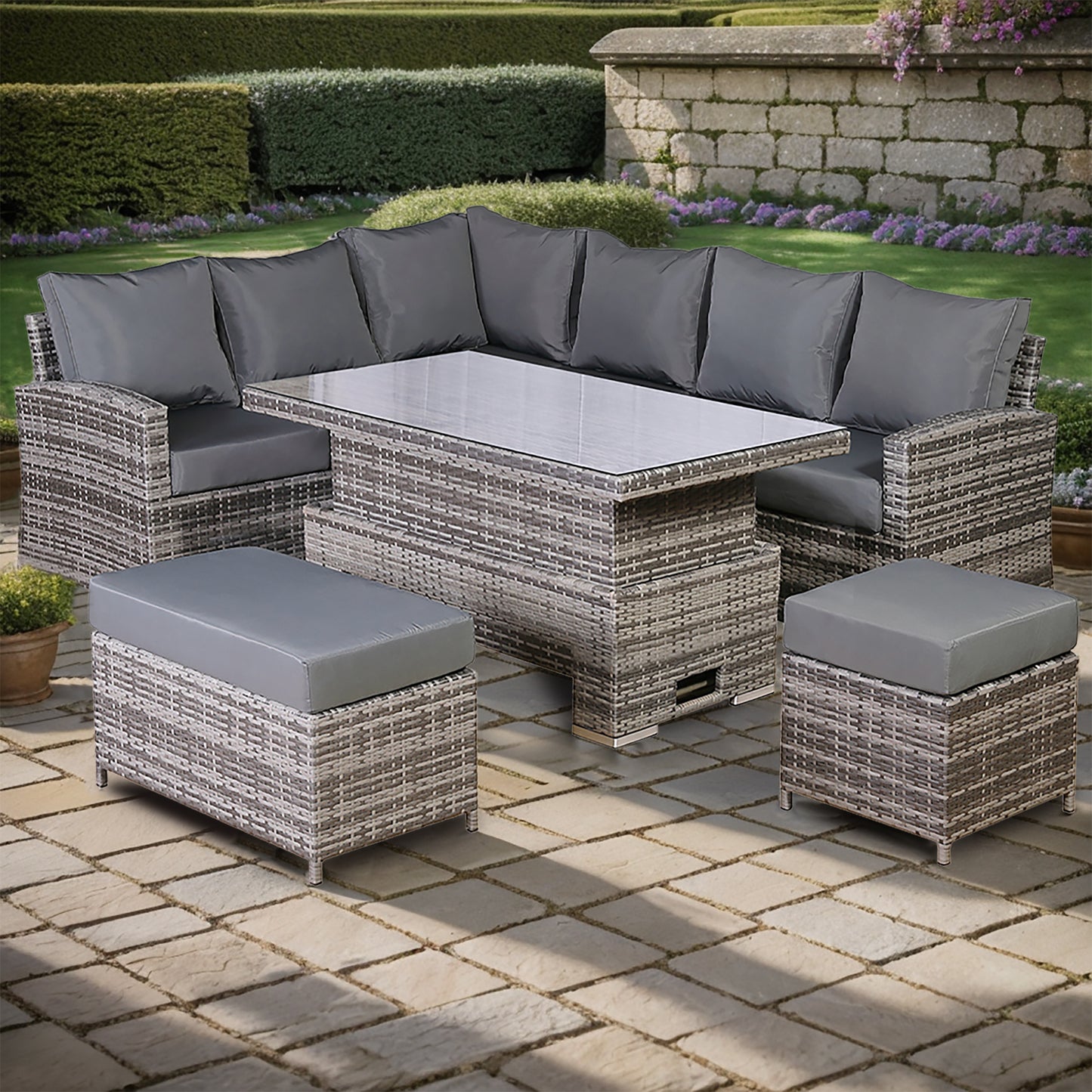 Harmony Range Left Hand Corner Sofa Set with Rising Table in Grey Rattan