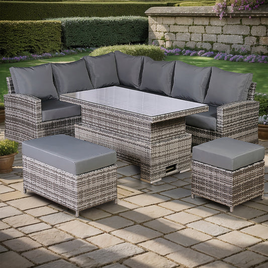 Harmony Range Left Hand Corner Sofa Set with Rising Table in Grey Rattan