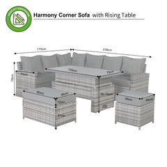 PRE ORDER...Harmony Left Hand Corner Sofa Set with Rising Table in Grey Rattan (CS08)