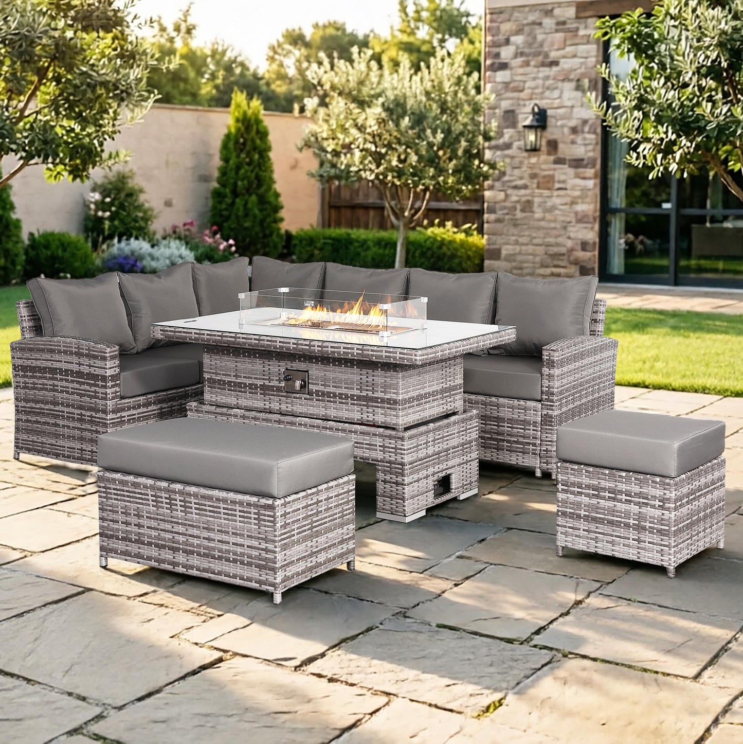 Harmony Range High Back Left Hand Corner Sofa Set with Fire Pit Rising Table in Grey Waeve