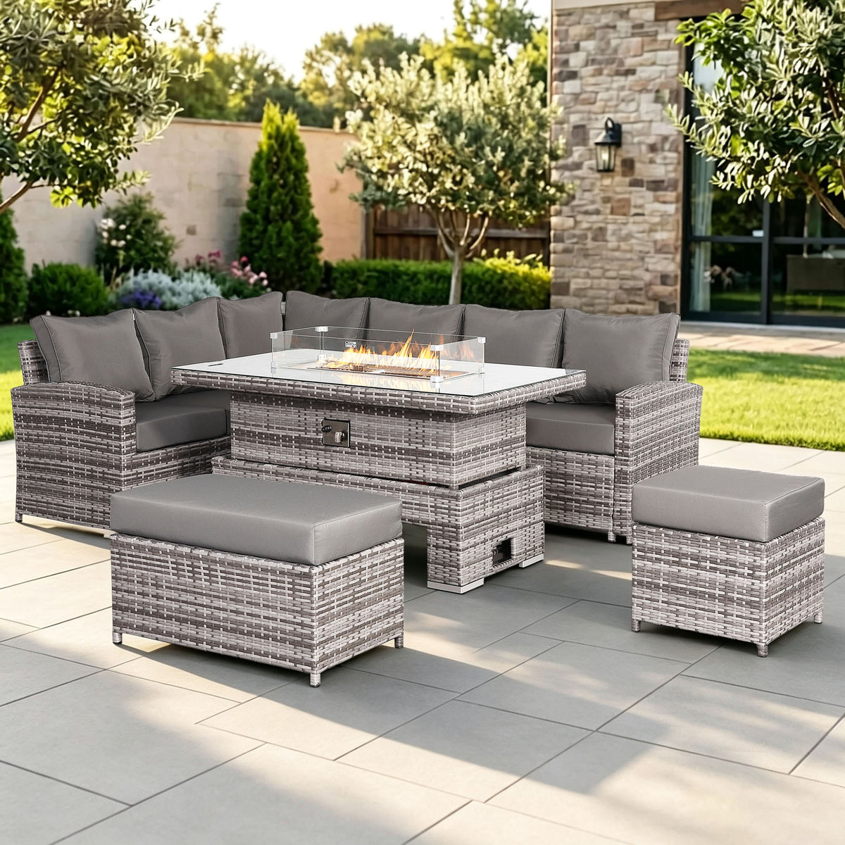 Harmony Range High Back Left Hand Corner Sofa Set with Fire Pit Rising Table in Grey Weave