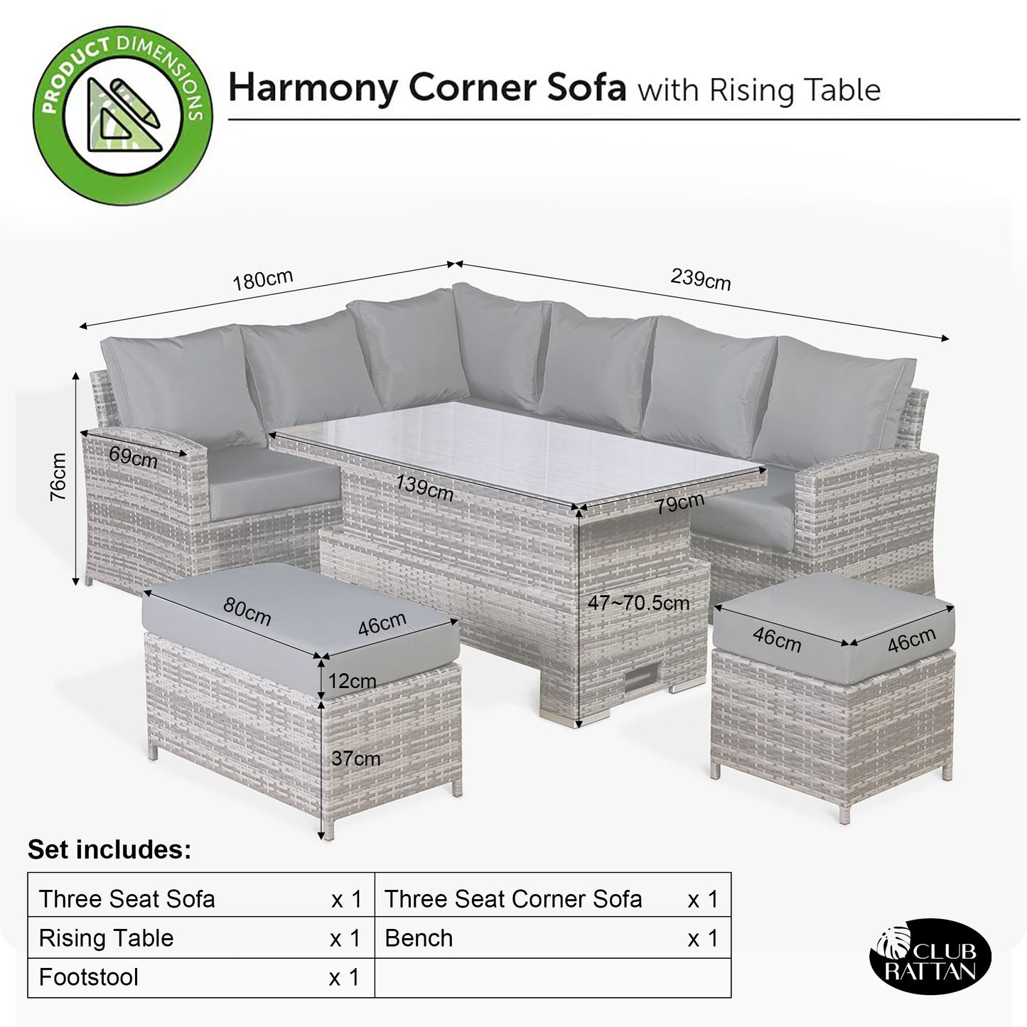 Harmony Range High Back Left Hand Corner Sofa Set with Rising Table in Grey Waeve